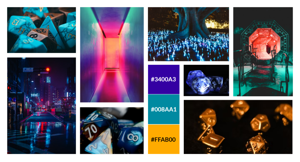 Several pictures showing RPG die, a neon lit city, multi-colored hallways, a dark forest with fluorescent plants and a color palette.